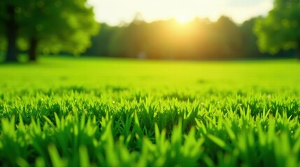 Aufkleber - Golden sunlight illuminates vibrant green grass blades in a tranquil park setting, creating a serene and peaceful atmosphere.
