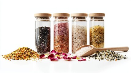 Wall Mural - A set of premium bath salts in jars, arranged with a scoop and flower petals beside them, on a white isolated background