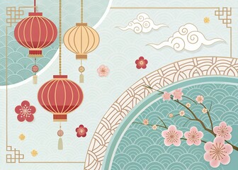 Wall Mural - background with birds and flowers Chinese Background Abstract Creative Snake Zodiac Design with Floral Motifs, Lanterns, and Artistic UI Background for Festive Marketing,