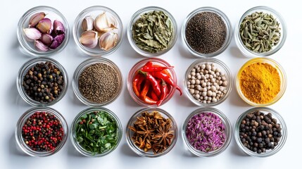 Wall Mural - A premium set of organic spices in glass jars, arranged neatly on a white surface, on a white isolated background