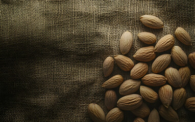 Harvested almonds scattered on a vintage burlap fabric, highlighting their natural textures