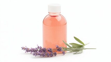 Wall Mural - A bottle of premium rosewater toner, placed next to a sprig of lavender, on a white isolated background