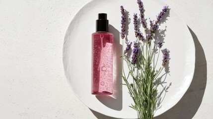 Wall Mural - A bottle of premium rosewater toner, placed next to a sprig of lavender, on a white background