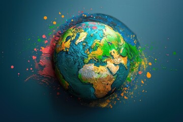 Poster - Earth globe rotating with colorful paint splattering, representing creativity, diversity, and global harmony