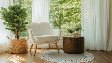 Wall Mural - Serene Reading Nook: A cozy armchair sits beside a rustic side table in a sun-drenched room, flanked by lush greenery and sheer curtains.