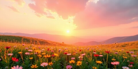 Poster - Golden Hour Meadow Serene Sunset Landscape Featuring Vibrant Wildflowers in Rolling Hills