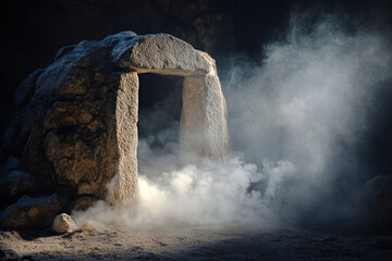 Wall Mural - A stone tomb with the stone rolled away, a black background, smoke rising from the top of an empty tomb, volumetric lighting, and a cinematic feel.