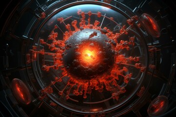 Poster - Virus growing inside futuristic laboratory equipment emitting orange light, concept of scientific research