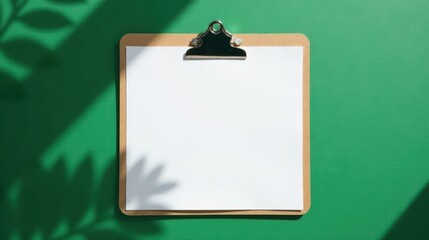 Aufkleber - Blank clipboard with leaf shadows on green background, ready for your message