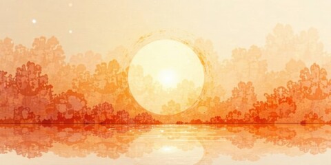 Poster - Serene Sunset Over a Still Water Body, Mirroring the Warm Hues of the Sky and the Silhouette of Distant Foliage, Presenting a Tranquil and Peaceful Atmosphere