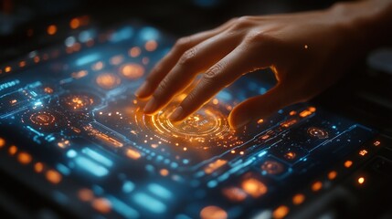 Poster - Futuristic Technology Interface: Hand Interacting with Advanced Digital Display