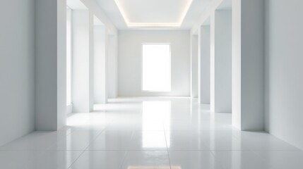 Poster - Bright, minimalist interior hallway with recessed lighting and large windows, showcasing a clean and modern architectural design.