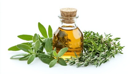 Wall Mural - A bottle of handmade organic soap, displayed next to fresh herbs, on a white isolated background