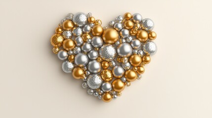 Poster - 3D Rendered Heart Composed of Golden and Silver Ornaments for Romantic and Decorative Themes