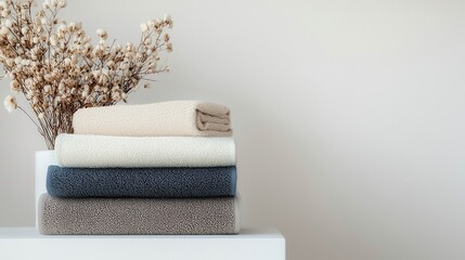 Wall Mural - A set of organic cotton face towels, folded neatly, placed on a white surface, on a white isolated background