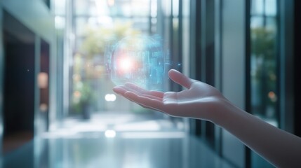 Poster - hand holding abstract hr hologram on blurry interior background. human resources and media concept. 