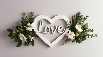 Poster - Elegant Heart Arrangement with Love Text Surrounded by Delicate Flowers and Greenery on Light Background