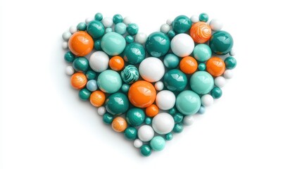 Poster - Heart Shape Created with Multicolored Glass Spheres in Vibrant Shades of Teal, White, and Orange