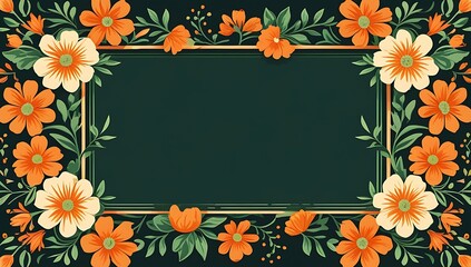 Wall Mural - Orange and Cream Flowers Frame Dark Green Background