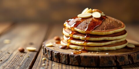 Poster - A delicious stack of golden-brown pancakes, drizzled with sweet syrup and topped with crunchy almond slices, rests on a rustic wooden board.