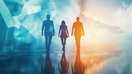 Poster - back view of businesspeople silhouettes on abstract landscape background with polygonal recruiting m