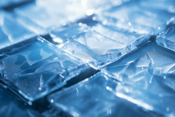 Poster - Close up macro photograph showcasing ice cubes glistening with water droplets, forming a refreshing backdrop