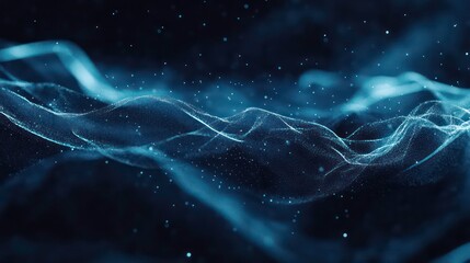 Wall Mural - Abstract blue wave particles flowing in dark space.