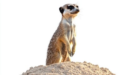 a curious meerkat standing upright on a sandy hill, looking around, on a white isolated background