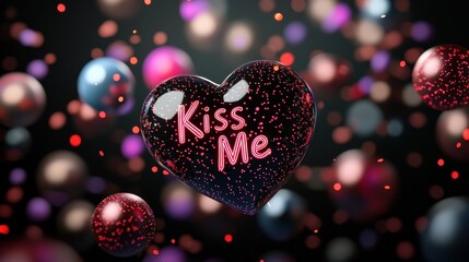 Poster - Glossy 3D Heart with Kiss Me Text Surrounded by Colorful Bokeh Elements in Vibrant Composition