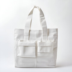 Wall Mural - Stylish white tote bag with multiple pockets, perfect for everyday use or travel.  Clean design, spacious and practical.