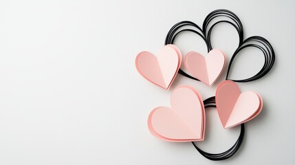 Poster - Elegant Continuous Black Lines Looping Around Pastel Hearts in Soft Color Palette on Minimalist Background