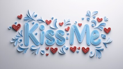 Poster - Elegant Kiss Me Text with Heart Patterns on White Background in Playful and Creative Design