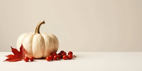 Poster - Creamy white pumpkin with autumn leaves and red berries on a neutral background. A simple, elegant autumnal still life composition.