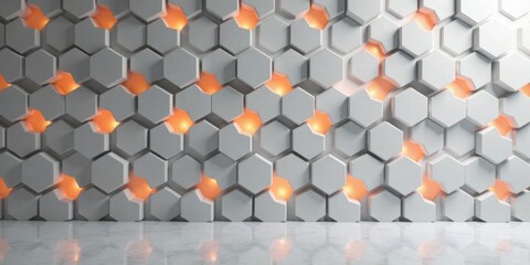 Poster - Illuminated Hexagonal Wall Panel Design with Subtle Light Reflections on Polished Floor