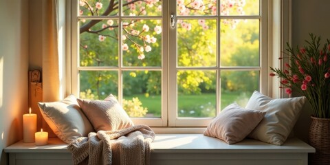 Poster - Serene Window Seat with Spring Blossoms and Soft Cushions, Bathed in Warm Sunlight