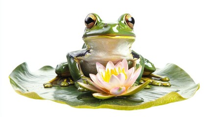 Wall Mural - A frog sitting on a lily pad, with its vibrant green skin and big eyes, on a white isolated background