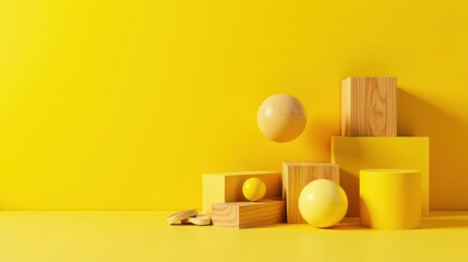 Poster - Abstract Composition of Wooden Blocks and Spheres Against a Vibrant Yellow Background
