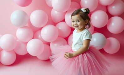 Wall Mural - Little girl in a white t-shirt and a pink tutu with balloons on pink background balloon background balloon background party holiday celebration decoration