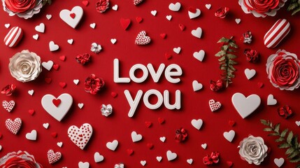 Poster - Simple Heart Pattern with Sweet Message 'Love You' on Vibrant Red Background with Floral Elements