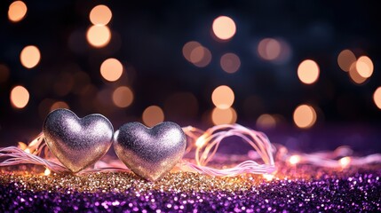 Poster - Elegant Silver Hearts Resting on a Pastel Golden Background with Bokeh Lights for Romantic Themes