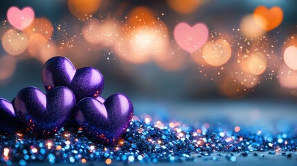 Poster - Vibrant Purple Hearts on Sparkling Blue Glitter Background for Romantic and Festive Occasions