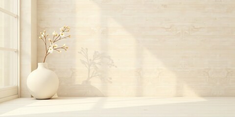 Poster - Serene Minimalist Interior Scene with White Vase and Delicate Blooms Basking in Sunlight