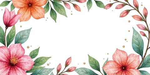 Poster - Elegant Floral Frame with Delicate Watercolor Blossoms and Lush Greenery, Perfect for Invitations or Announcements