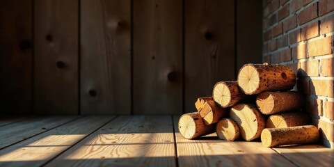 Poster - Warm Sunlight Illuminates Stacked Wooden Logs Resting on a Rustic Wooden Floor Against a Brick Wall