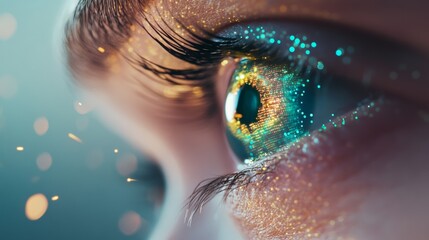 Poster - Tiny particles of light illuminating a human eye, representing innovative vision technologies, digital enhancements, and the future of ophthalmology