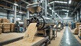 Industrial rice processing machine is operating in a rice factory with sacks of rice material