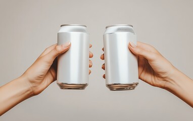 Two hands holding white aluminum beer cans, clinking them together in a perfect moment of celebration, isolated on a smooth, neutral backdrop