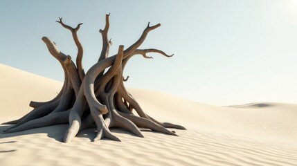 Poster - A weathered, gnarled tree trunk rests in the soft, undulating sand of a desolate desert landscape under a pale sky, a testament to nature's resilience and the passage of time.