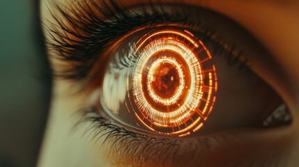 Poster - Projecting an orange futuristic head up display - hud - onto a human eye, revealing data and information in a technological context of augmented reality and ocular implants