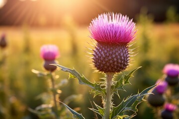 Wall Mural - Beautiful purple thistle flower growing in a field, illuminated by the warm golden light of the setting sun